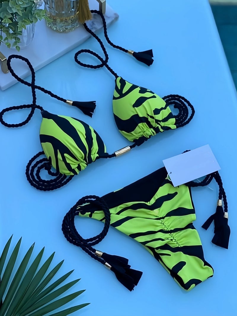 Printed Fabric Rope Bikini Triangle Swimsuit Swimwear - Image 1